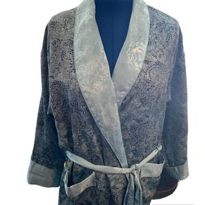 Vtg Victorias Secret Gold Label Small Blue Black Satin Full Length Floral Robe